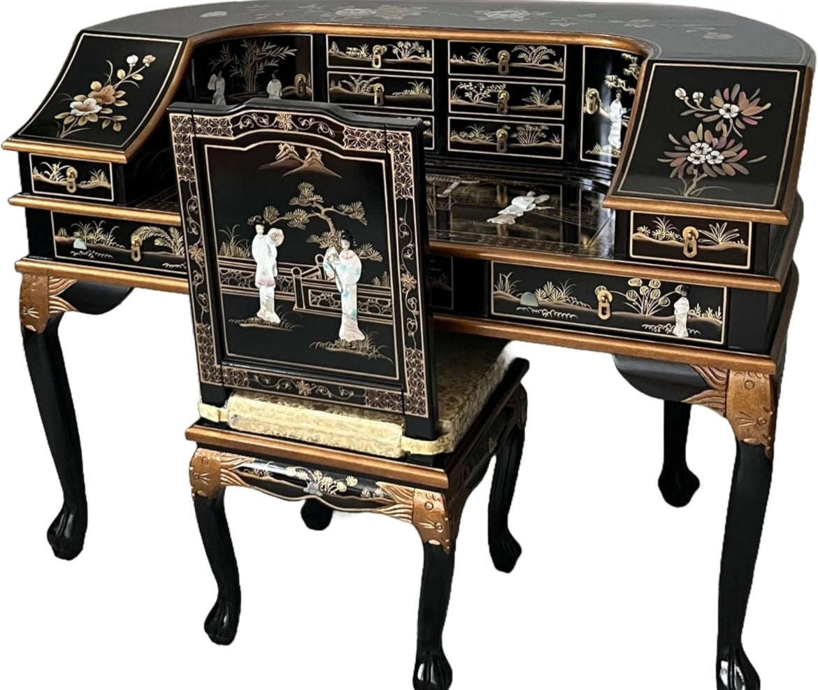 Oriental Desk with Chair Mother of Pearl, Chinese Furniture Writing Table Bureau