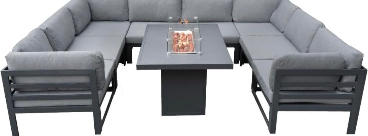 Garden Furniture Set Large Grey 8 Seater U Shape Cushioned Sofa & Table With Gas Fire Pit