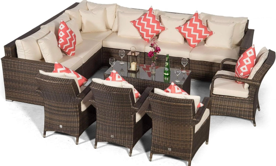 Giardino Havana 10 Seat Brown Rattan Corner Sofa Dining Set w/ 200x100cm Rattan Dining Table, 4