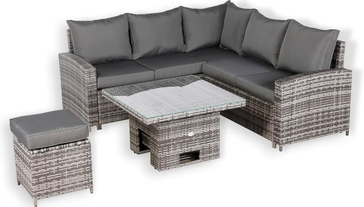 Club Rattan High Back Compact Corner Sofa Set with Rising Table (Grey)