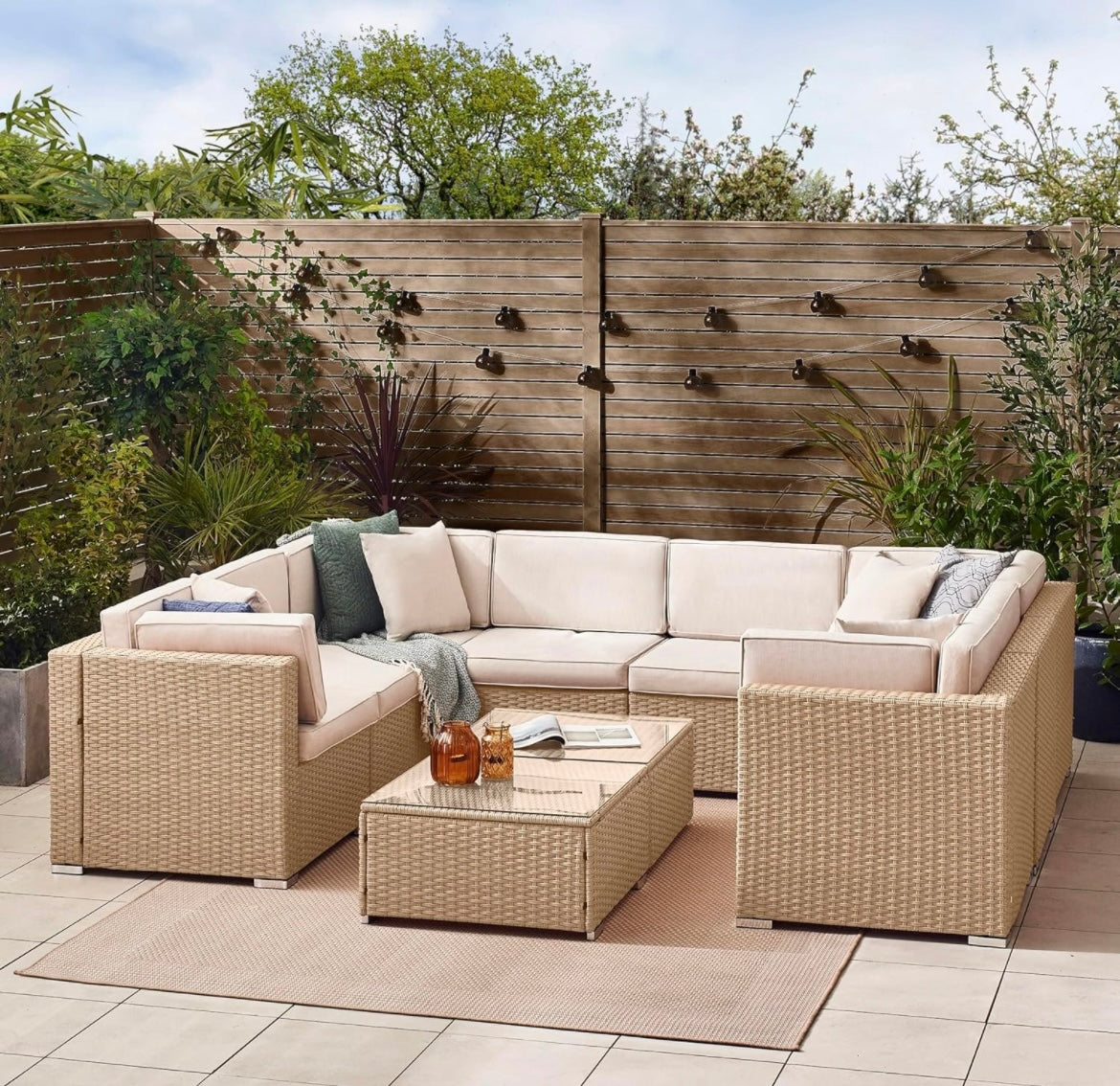 Furniturebox UK Orlando 8 Seat Modular Outdoor Rattan Sofa - Beige with Taupe Cushions