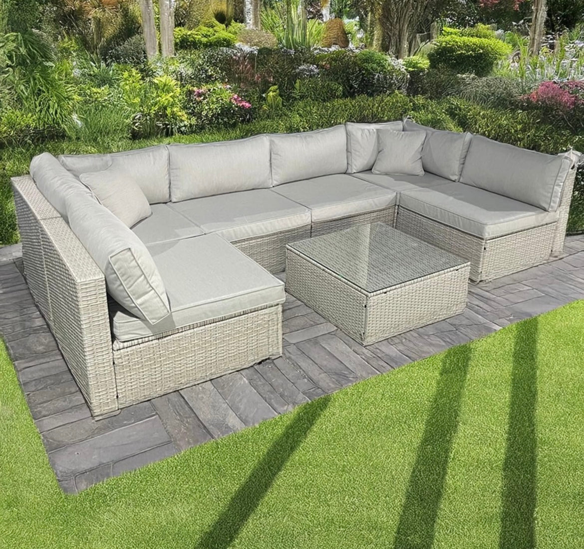 Furnishings For Less UK 6-Piece Rattan Garden Patio Grey Furniture Set, U-Shape Sofa with Coffe