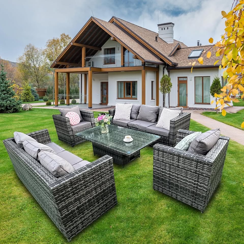8 Seater Rattan Dining Set, Garden Furniture Set of 8 with Height Adjustable Lifting Table
