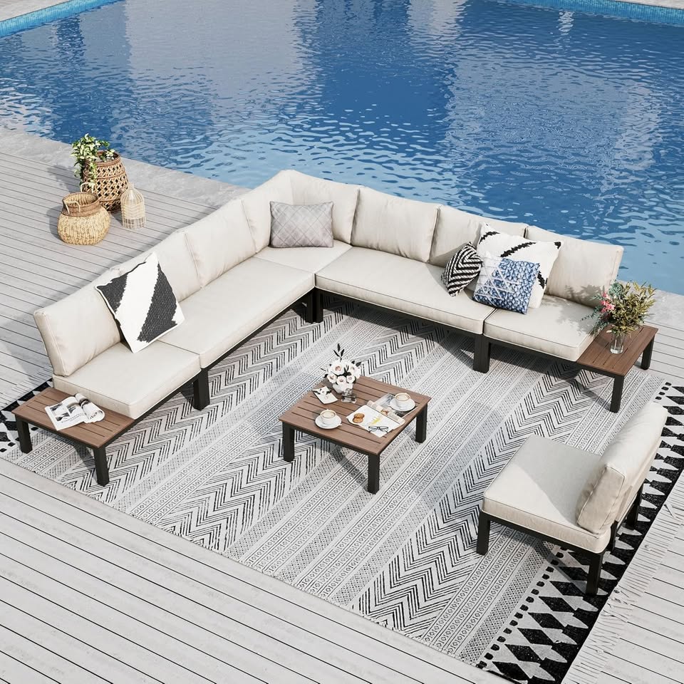 Garden Furniture Metal Corner Sofa 8 Seaters, L shaped Outdoor Conversation Sofa
