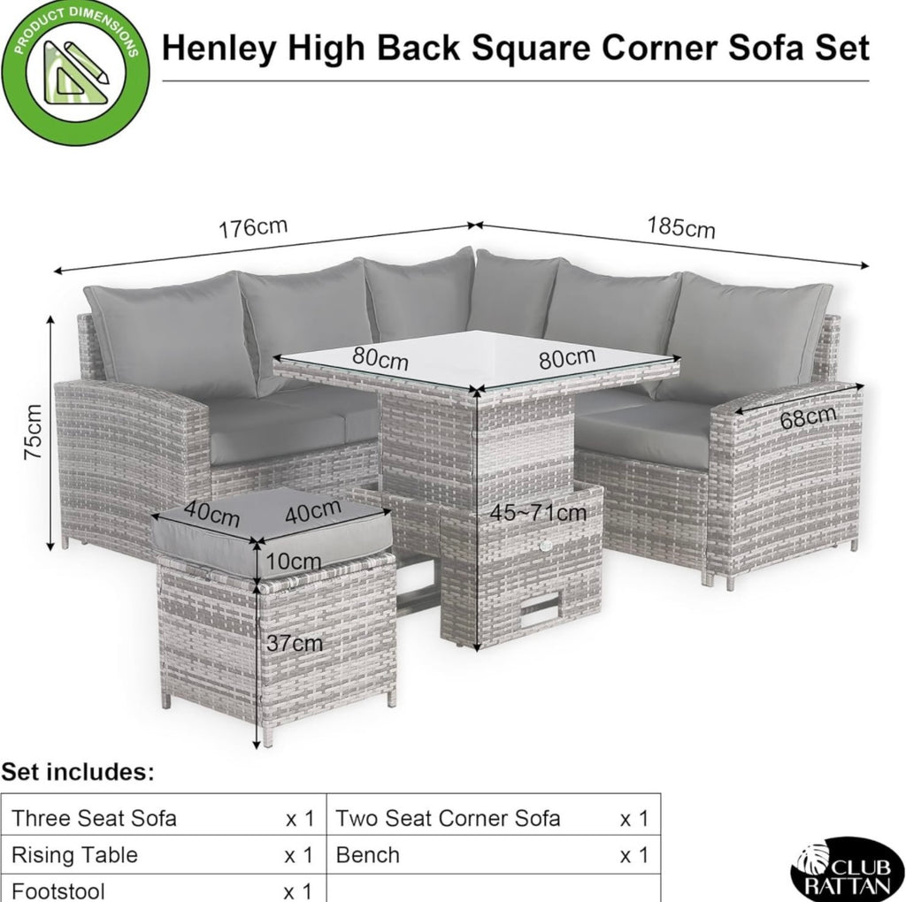 Club Rattan High Back Compact Corner Sofa Set with Rising Table (Grey)