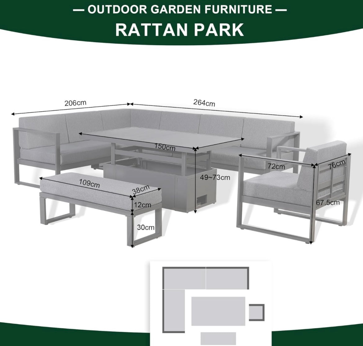 Rattan park Halo Range 9 seater Garden Furniture Square Corner Sofa Set With Rising Table,