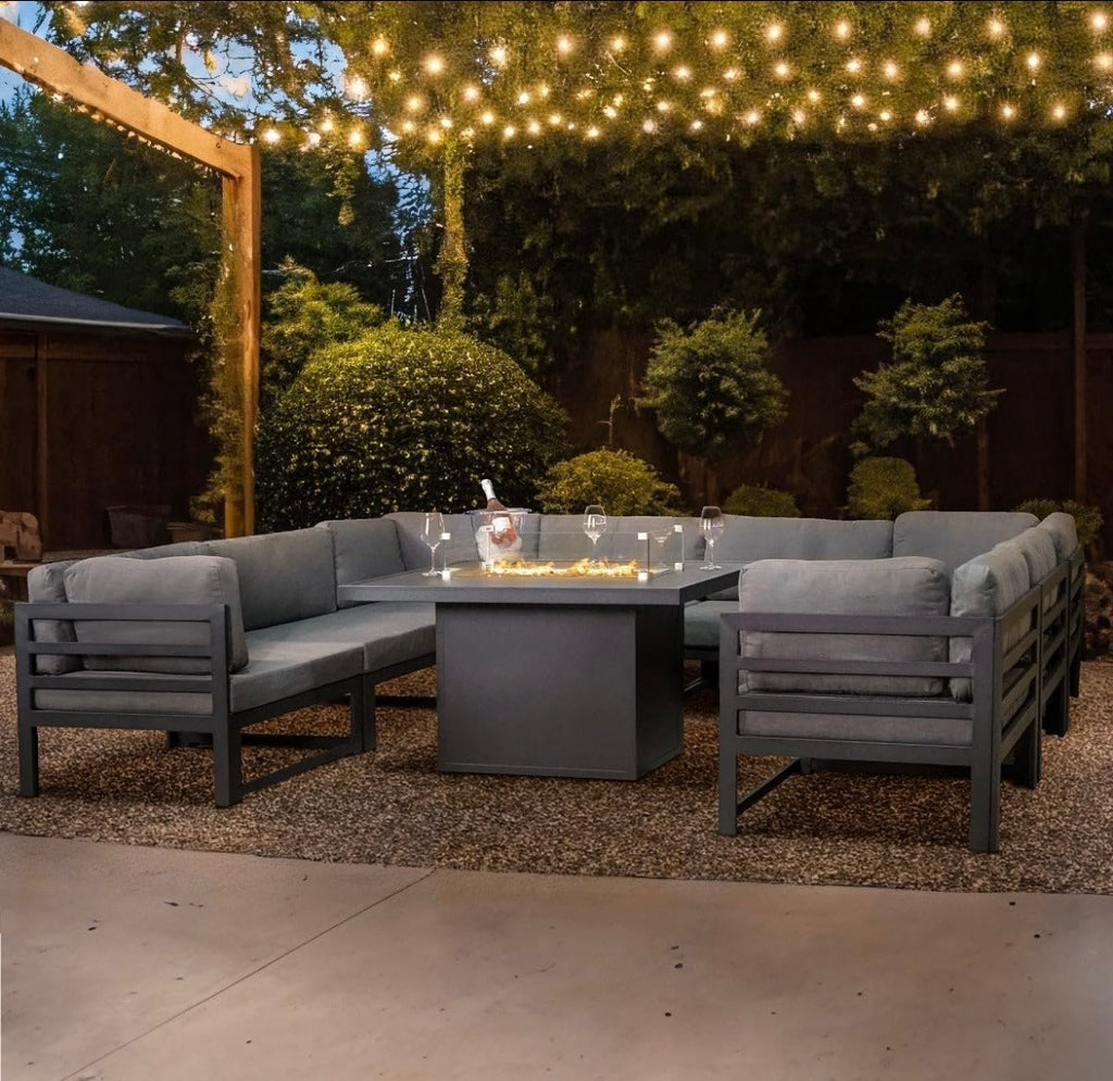Garden Furniture Set Large Grey 8 Seater U Shape Cushioned Sofa & Table With Gas Fire Pit