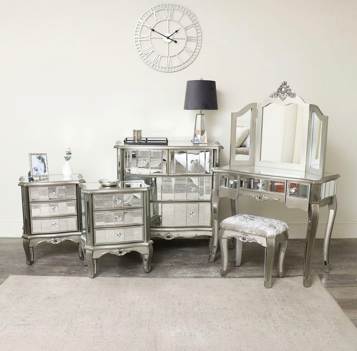 Silver Mirrored Chest of Drawers, Dressing Table Set & 3 Drawer Bedside Tables -