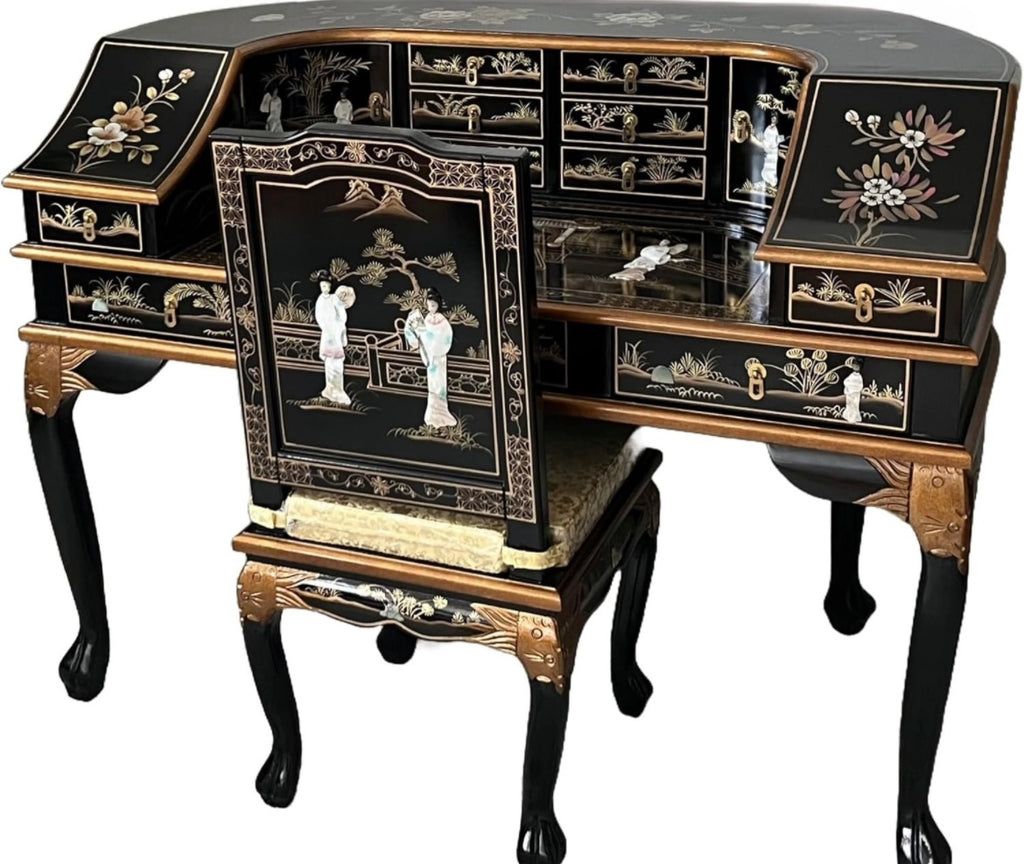 Oriental Desk with Chair Mother of Pearl, Chinese Furniture Writing Table Bureau