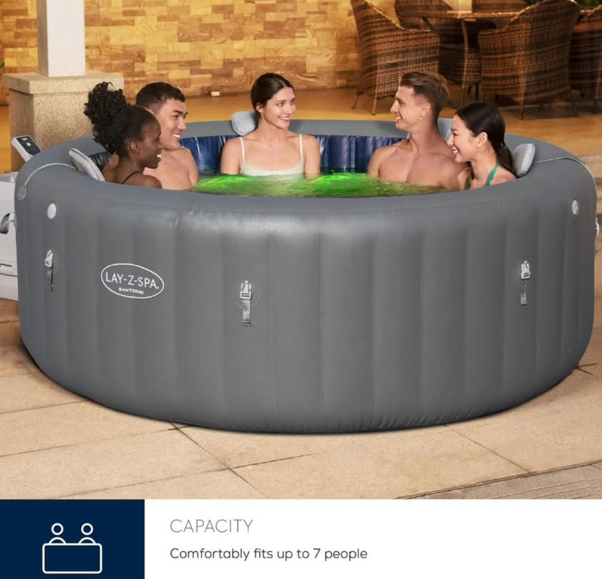 Lay-Z-Spa Santorini Pro Built in LED Light, 10 HydroJet System, Integrated Seats