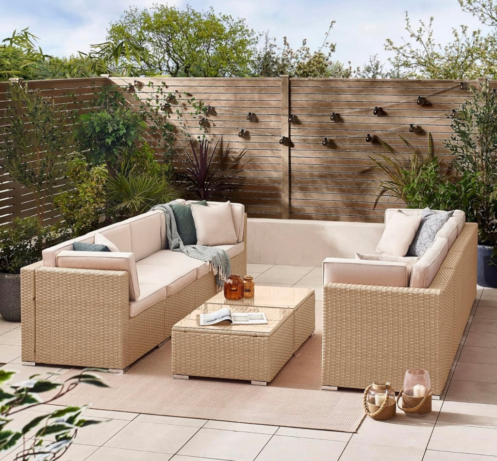 Furniturebox UK Orlando 8 Seat Modular Outdoor Rattan Sofa - Beige with Taupe Cushions