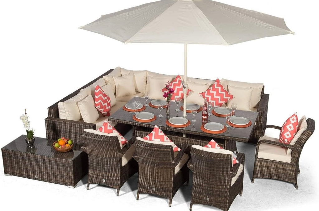 Giardino Havana 10 Seat Brown Rattan Corner Sofa Dining Set w/ 200x100cm Rattan Dining Table, 4