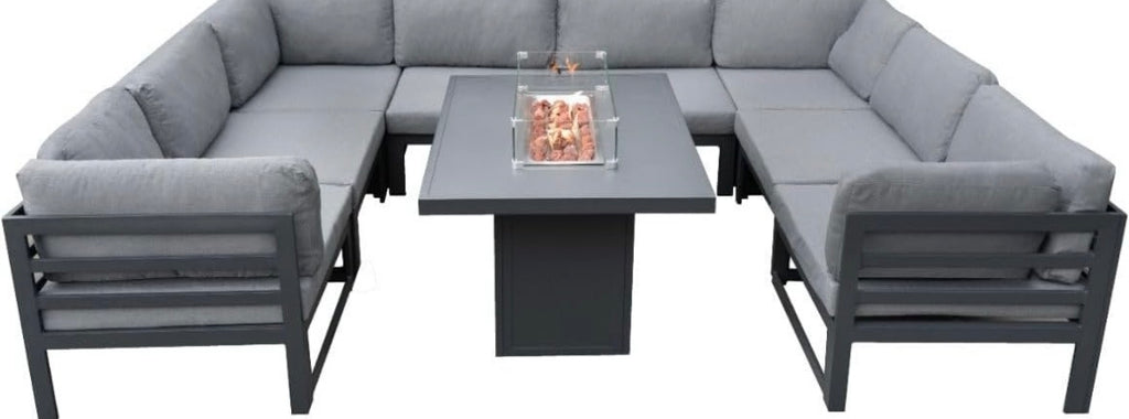 Garden Furniture Set Large Grey 8 Seater U Shape Cushioned Sofa & Table With Gas Fire Pit