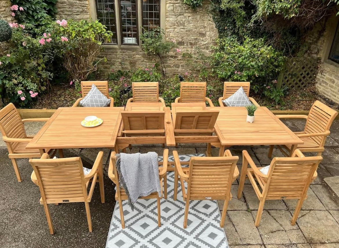 Teak Wood Outdoor Dining Set, 10-Seater Rectangular Table with Armchairs, Garden Furniture