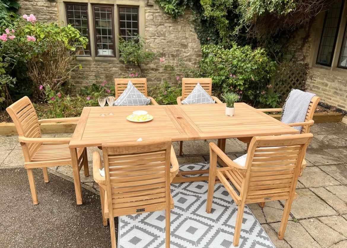 Teak Wood Outdoor Dining Set, 10-Seater Rectangular Table with Armchairs, Garden Furniture