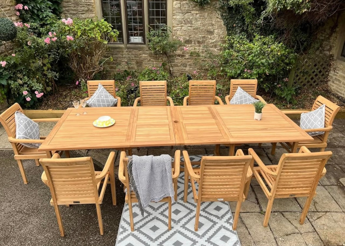 Teak Wood Outdoor Dining Set, 10-Seater Rectangular Table with Armchairs, Garden Furniture