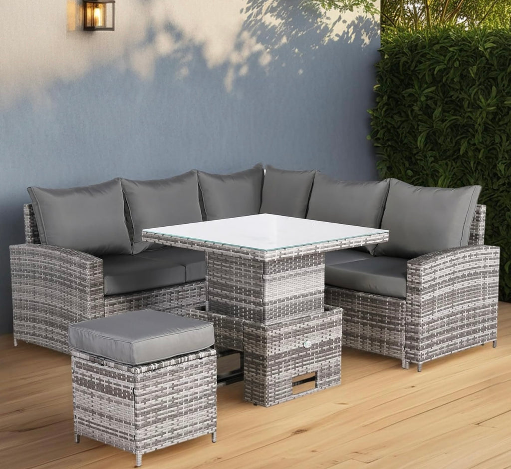 Club Rattan High Back Compact Corner Sofa Set with Rising Table (Grey)