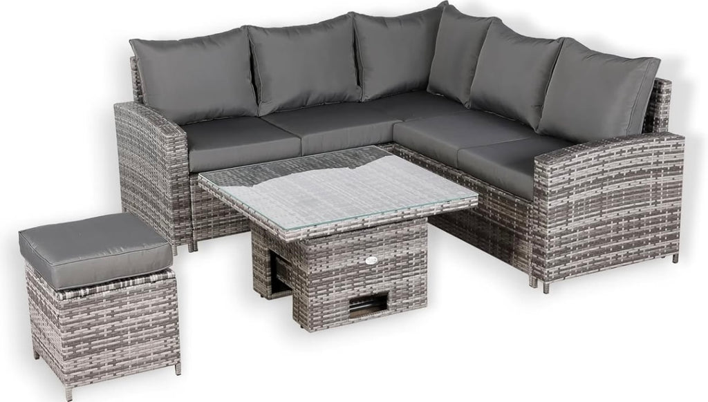Club Rattan High Back Compact Corner Sofa Set with Rising Table (Grey)