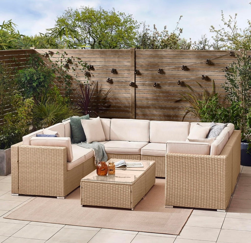 Furniturebox UK Orlando 8 Seat Modular Outdoor Rattan Sofa - Beige with Taupe Cushions