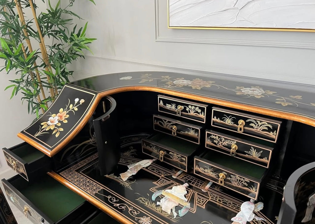 Oriental Desk with Chair Mother of Pearl, Chinese Furniture Writing Table Bureau