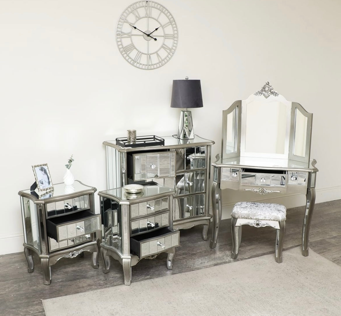 Silver Mirrored Chest of Drawers, Dressing Table Set & 3 Drawer Bedside Tables -