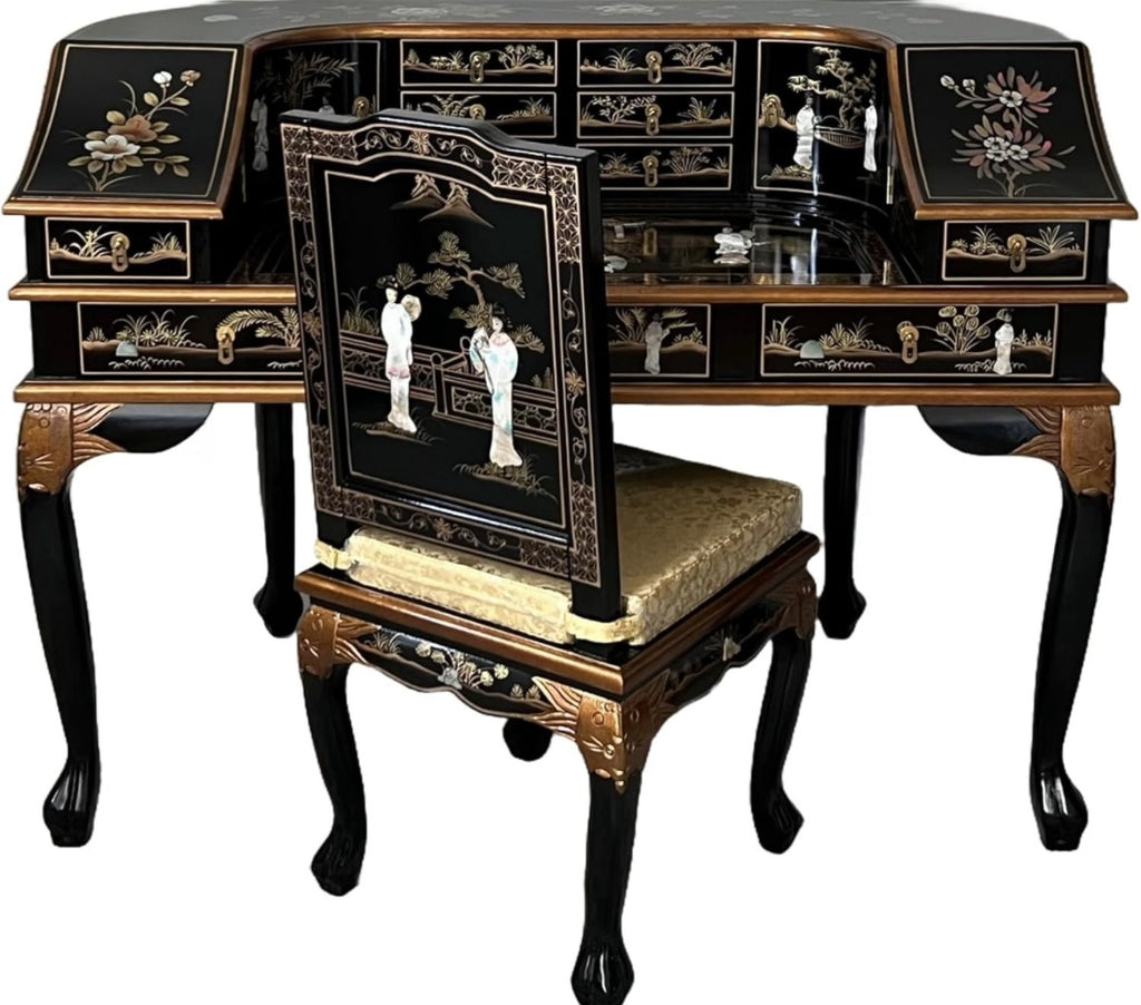Oriental Desk with Chair Mother of Pearl, Chinese Furniture Writing Table Bureau