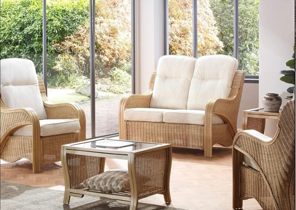 Desser Opera Rattan Conservatory Furniture Suite – 2 Seater Sofa & 2x Armchairs in Light Oak –