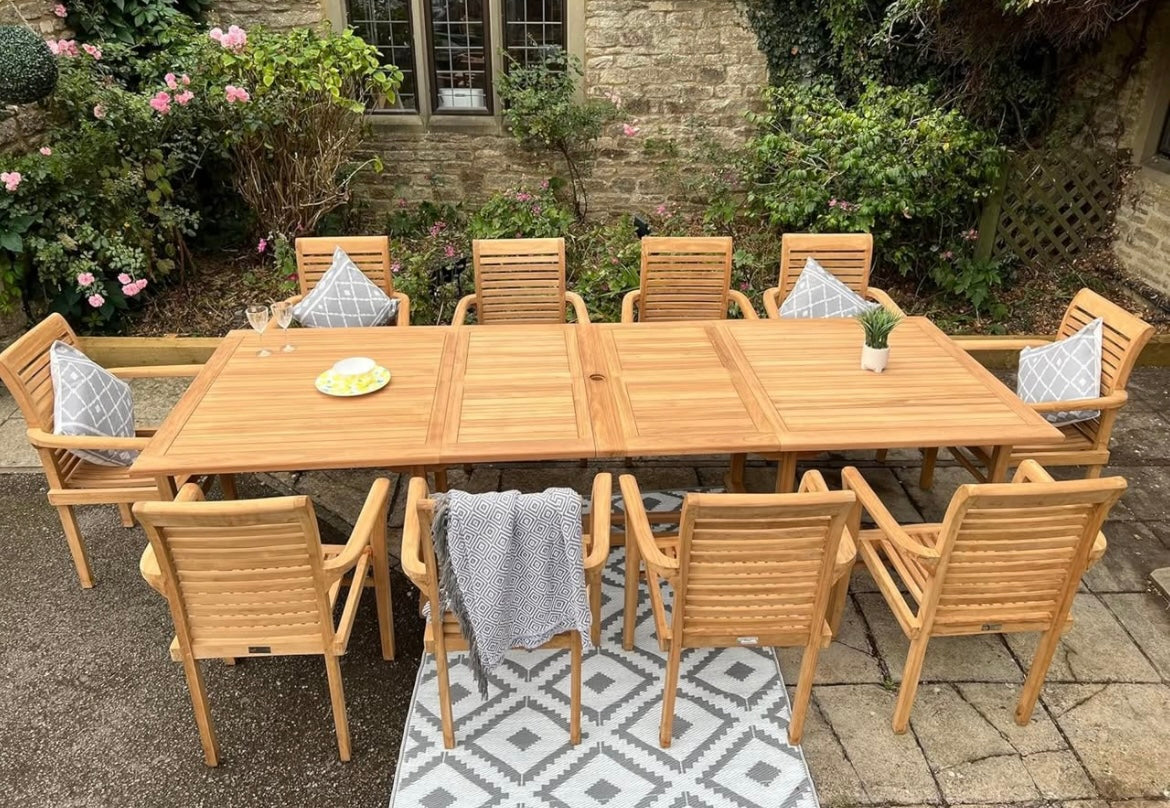 Teak Wood Outdoor Dining Set, 10-Seater Rectangular Table with Armchairs, Garden Furniture