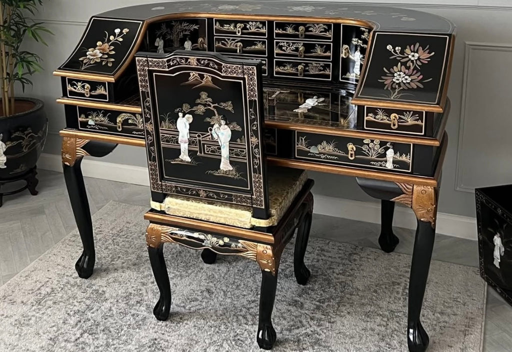 Oriental Desk with Chair Mother of Pearl, Chinese Furniture Writing Table Bureau