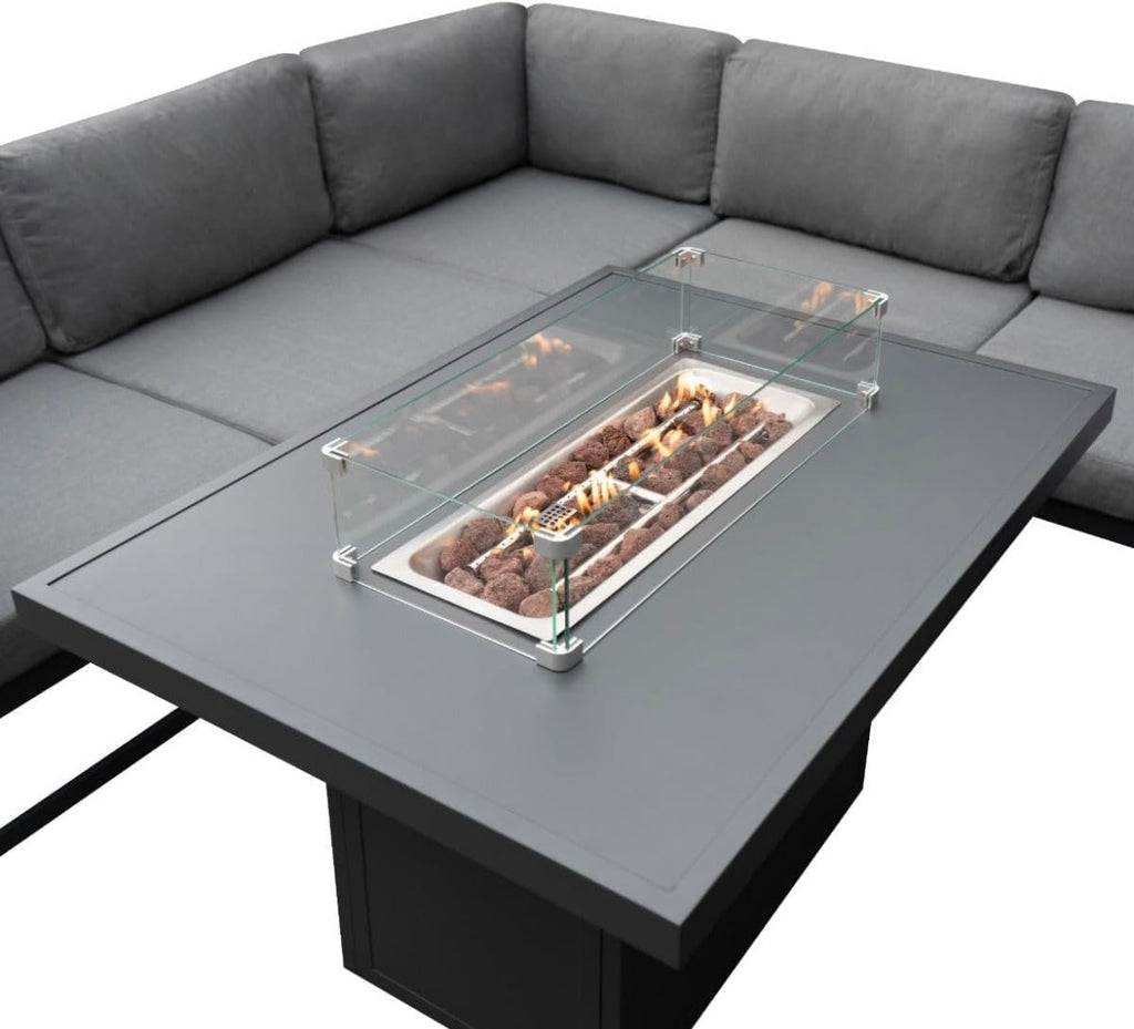 Garden Furniture Set Large Grey 8 Seater U Shape Cushioned Sofa & Table With Gas Fire Pit
