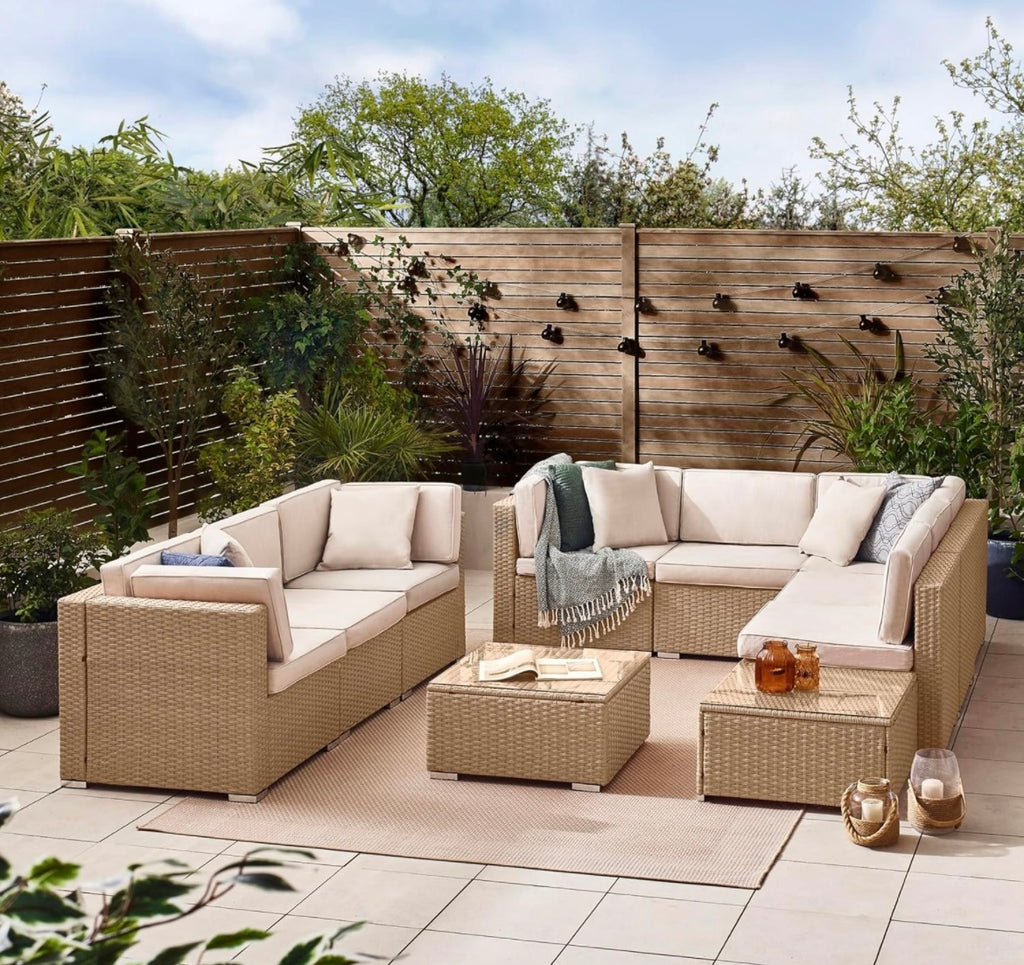 Furniturebox UK Orlando 8 Seat Modular Outdoor Rattan Sofa - Beige with Taupe Cushions