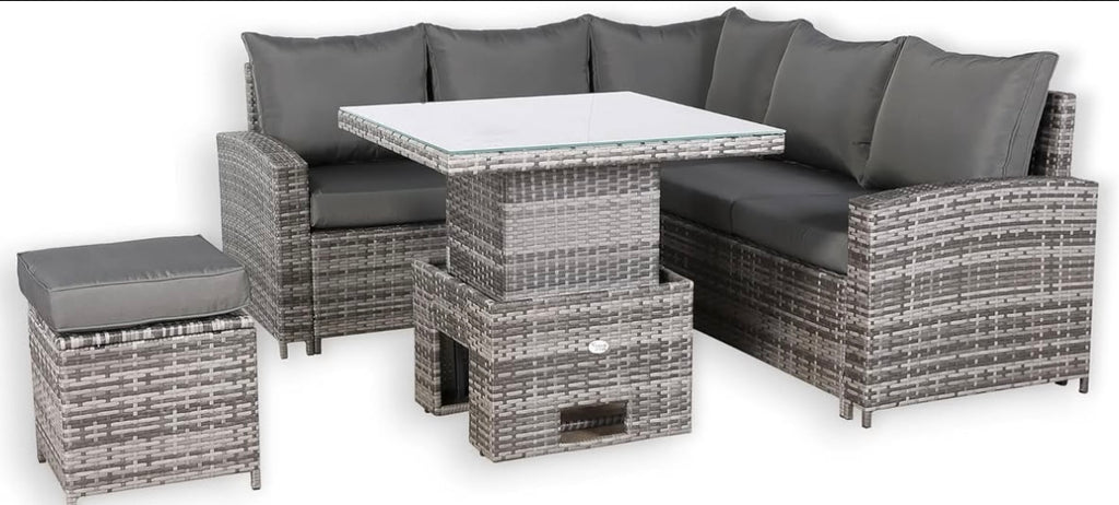 Club Rattan High Back Compact Corner Sofa Set with Rising Table (Grey)