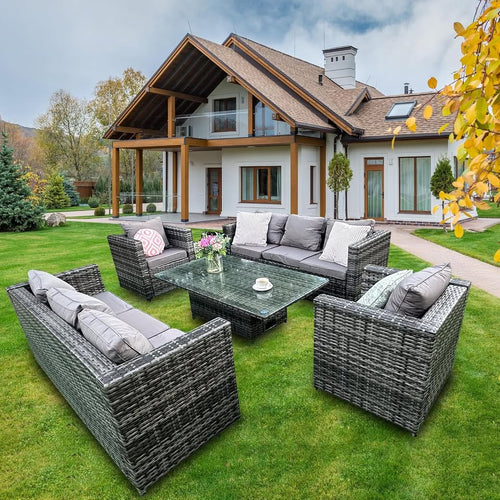 8 Seater Rattan Dining Set, Garden Furniture Set of 8 with Height Adjustable Lifting Table