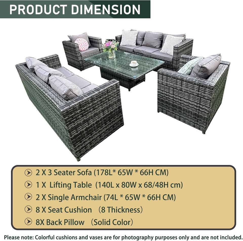 8 Seater Rattan Dining Set, Garden Furniture Set of 8 with Height Adjustable Lifting Table