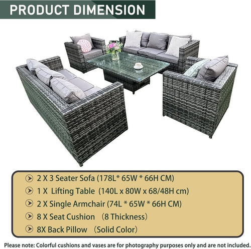 8 Seater Rattan Dining Set, Garden Furniture Set of 8 with Height Adjustable Lifting Table