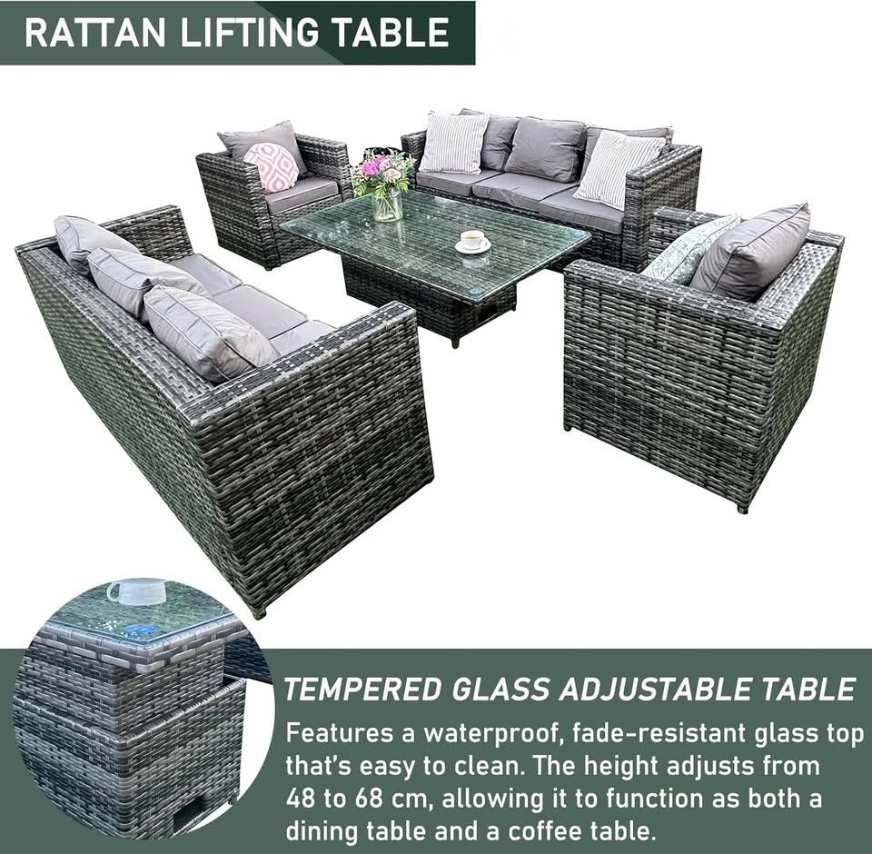 8 Seater Rattan Dining Set, Garden Furniture Set of 8 with Height Adjustable Lifting Table