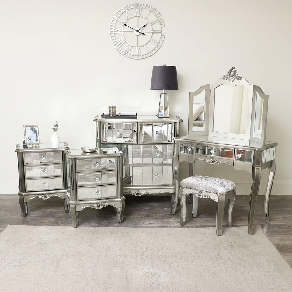 Melody Maison Silver Mirrored Chest of Drawers, Dressing Table Set & 3 Drawer Bedside Tables