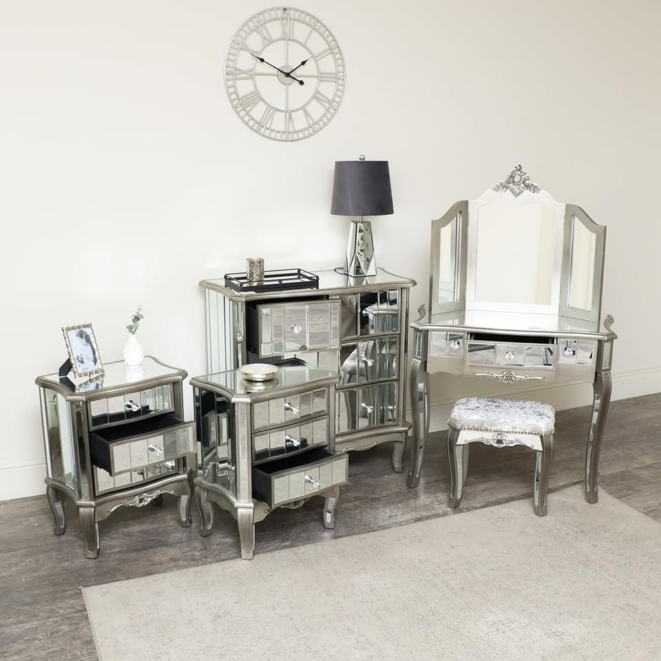 Melody Maison Silver Mirrored Chest of Drawers, Dressing Table Set & 3 Drawer Bedside Tables
