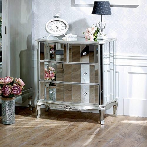 Melody Maison Silver Mirrored Chest of Drawers, Dressing Table Set & 3 Drawer Bedside Tables