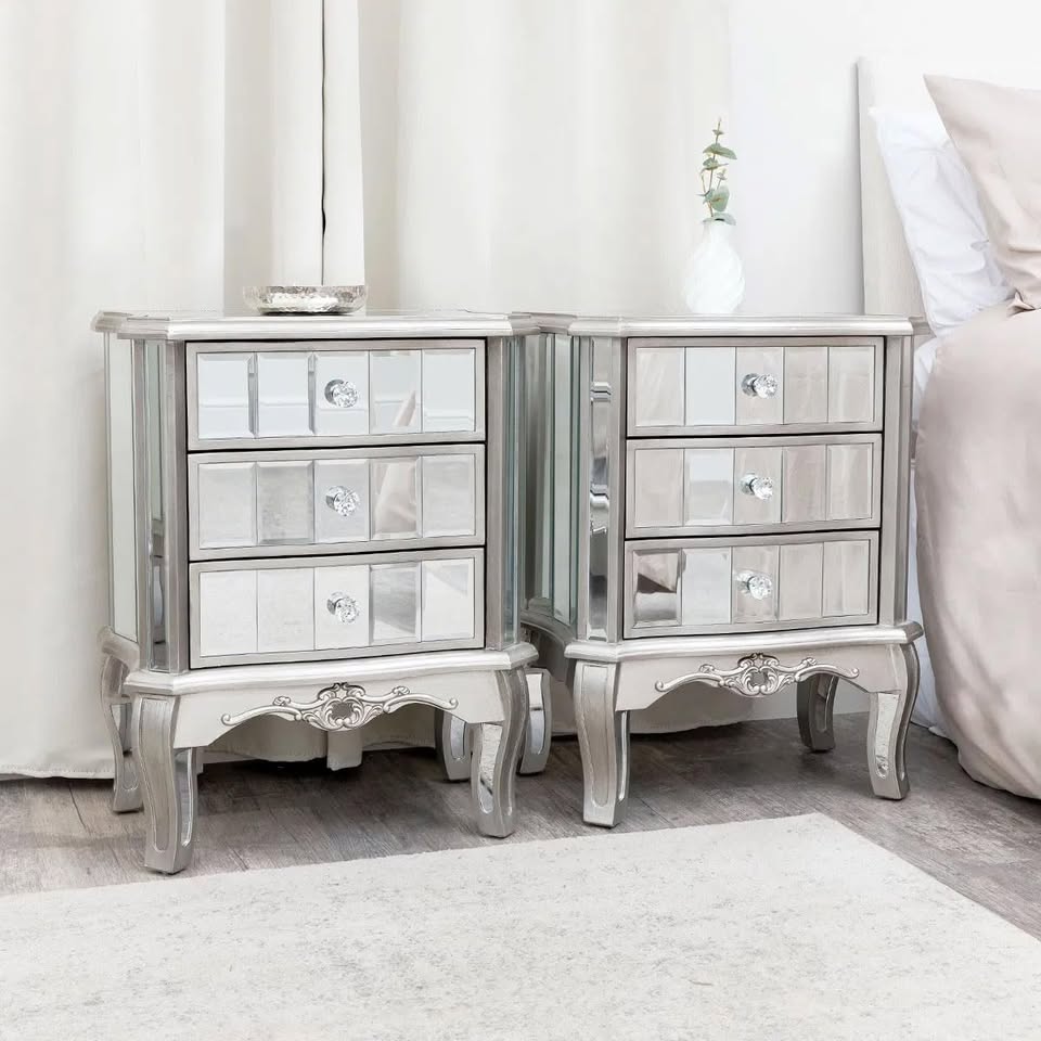 Melody Maison Silver Mirrored Chest of Drawers, Dressing Table Set & 3 Drawer Bedside Tables