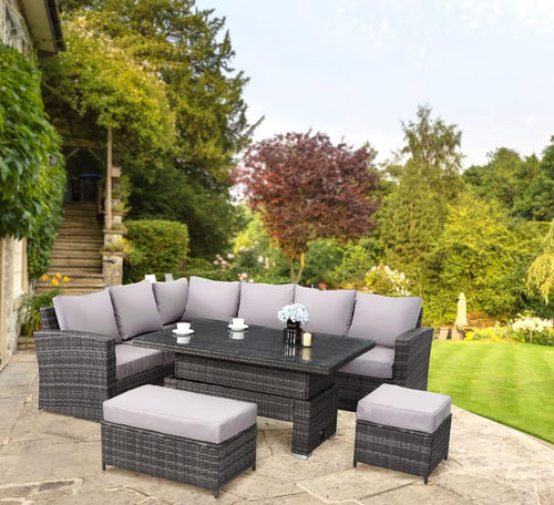9 Seater Rattan Garden Furniture Set with Height Adjustable Rising Table - Outdoor Furniture