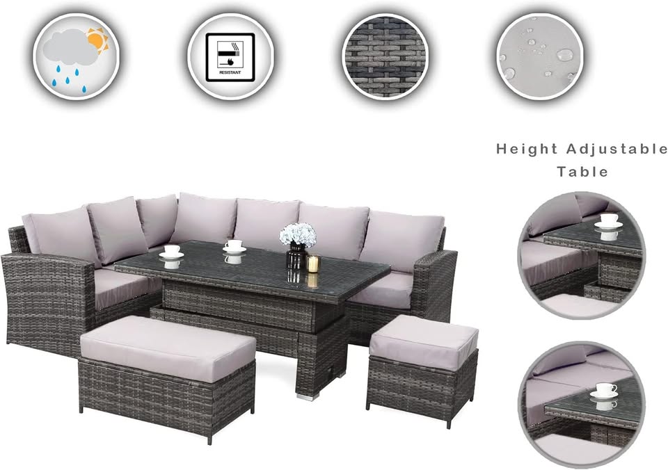 9 Seater Rattan Garden Furniture Set with Height Adjustable Rising Table - Outdoor Furniture