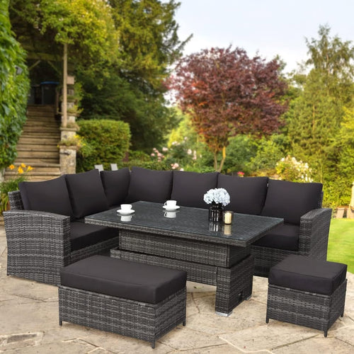 9 Seater Rattan Garden Furniture Set with Height Adjustable Rising Table - Outdoor Furniture
