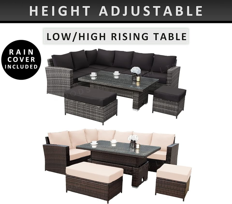 9 Seater Rattan Garden Furniture Set with Height Adjustable Rising Table - Outdoor Furniture