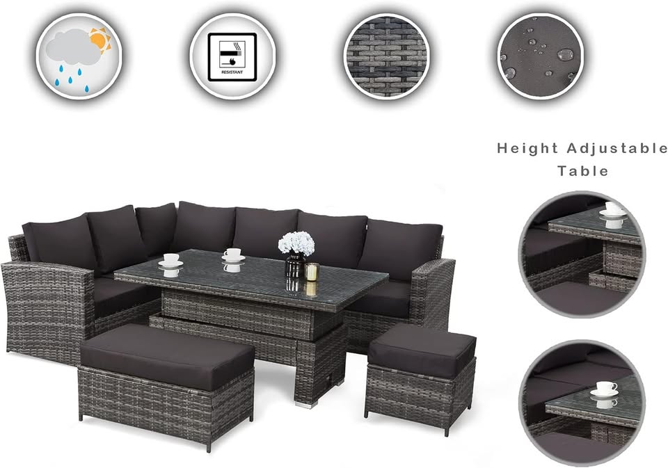 9 Seater Rattan Garden Furniture Set with Height Adjustable Rising Table - Outdoor Furniture