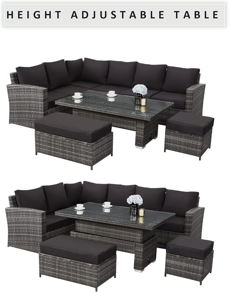 9 Seater Rattan Garden Furniture Set with Height Adjustable Rising Table - Outdoor Furniture